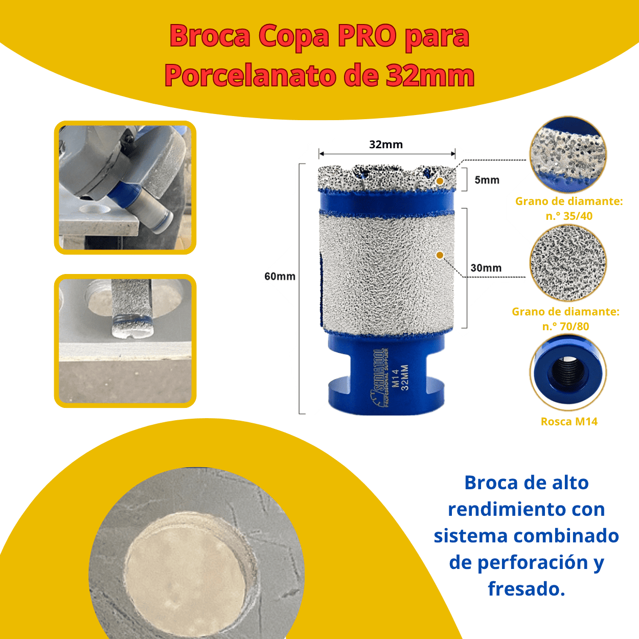Broca Copa PRO para Porcelanato de 28mm, 32mm, 55mm, 60mm