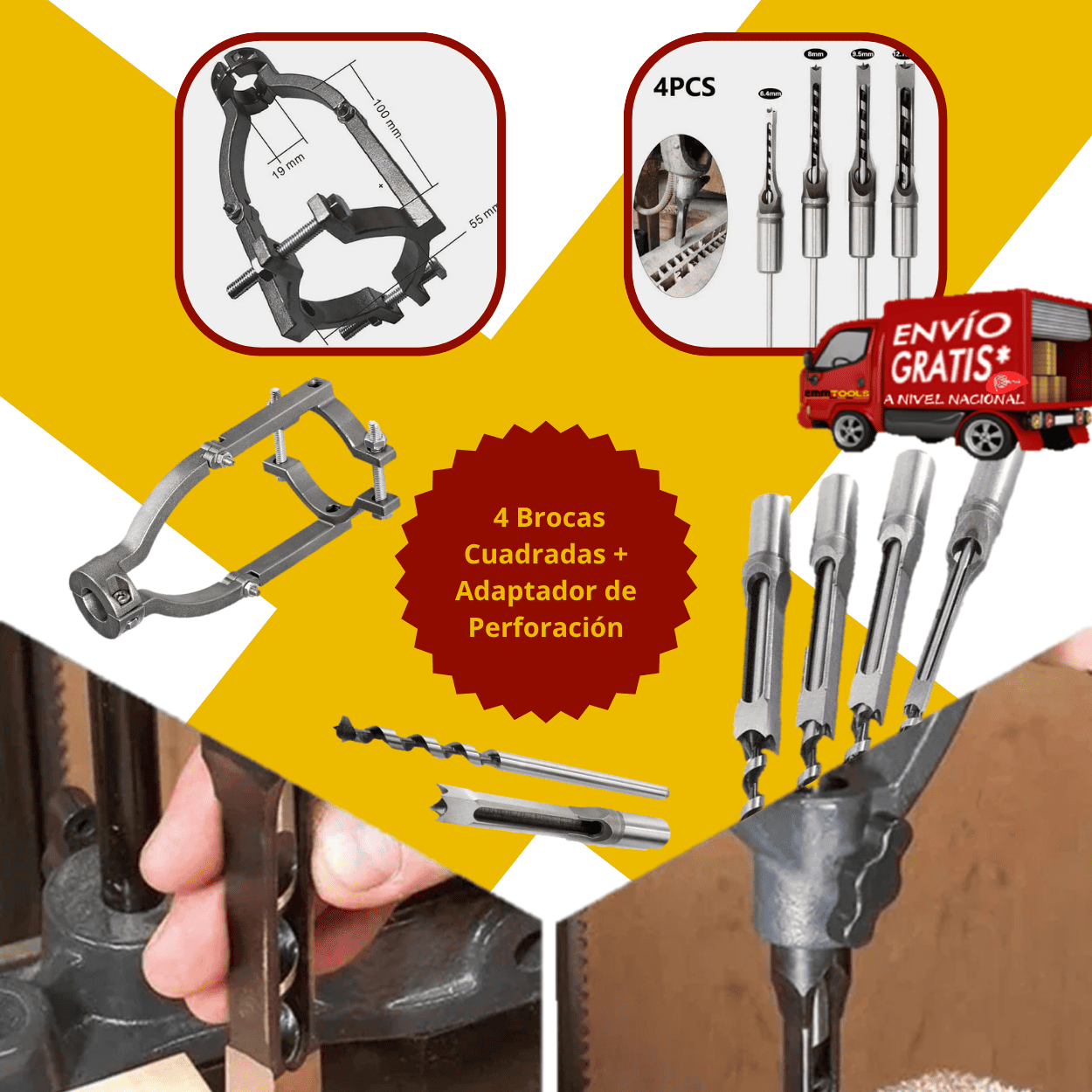 Combo: 4 Brocas Cuadradas + Adaptador para Perforación