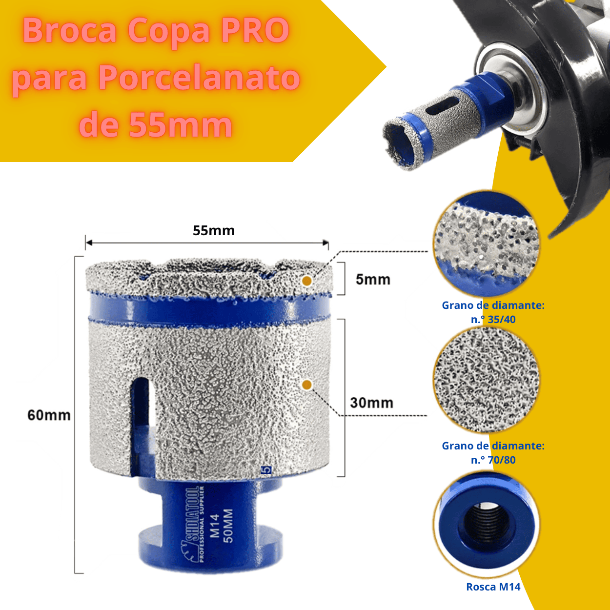 Broca Copa PRO para Porcelanato de 28mm, 32mm, 55mm, 60mm