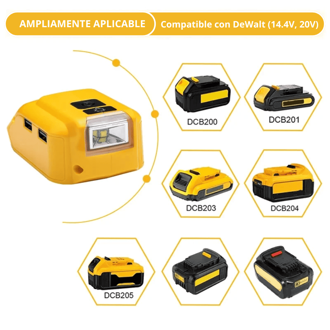 ADAPTADOR USB PARA CARGA CELULAR 5V 2.1A + LINTERNA PARA DEWALT DCB090DW