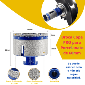 Broca Copa PRO para Porcelanato de 28mm, 32mm, 55mm, 60mm