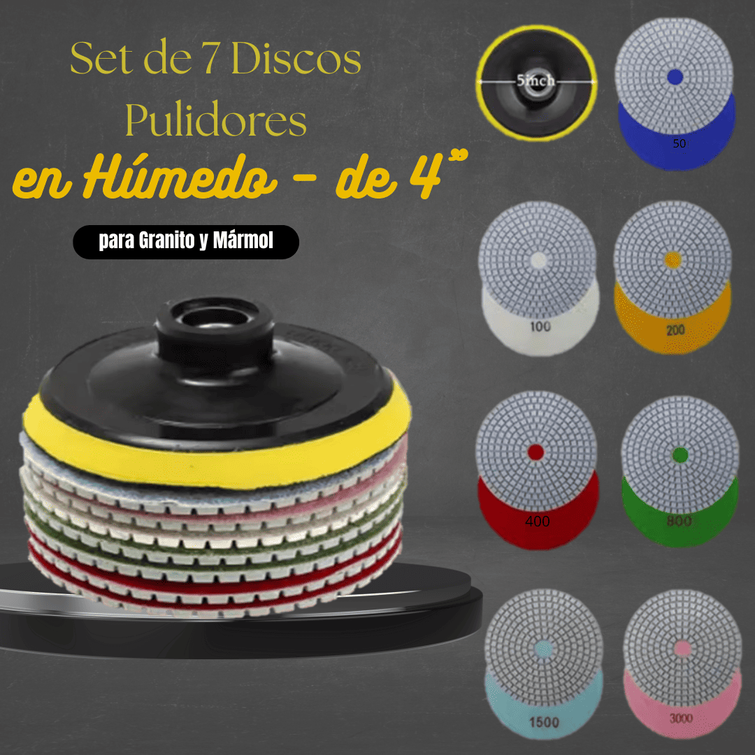 Set de 7 Discos Pulidores en Húmedo – de 4" para Granito y Mármol