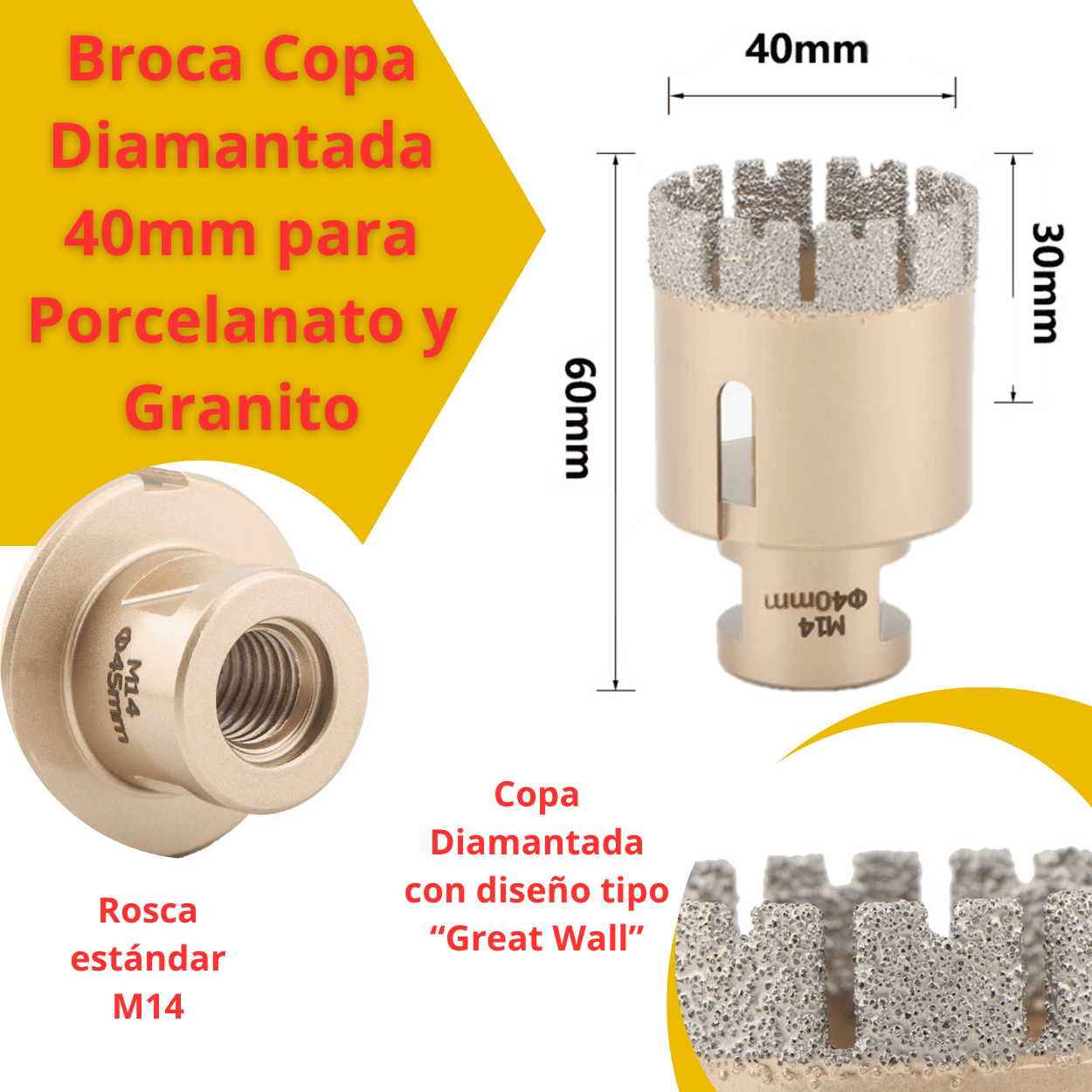 Broca Copa Diamantada 35mm y 40mm para Porcelanato y Granito