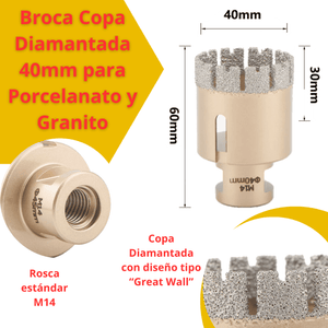 Broca Copa Diamantada 35mm y 40mm para Porcelanato y Granito