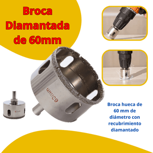 Broca Diamantada de 60mm – Corte Preciso en Vidrio, Cerámica, Mármol y Granito