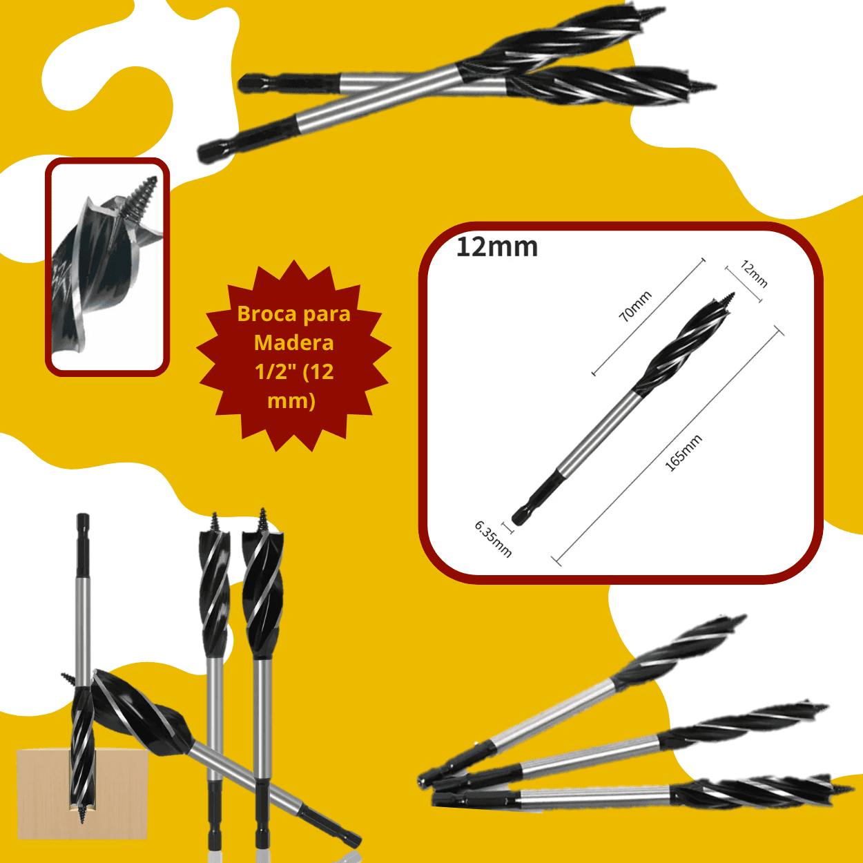 Broca para Madera 1/2" (12 mm) – Corte Rápido y Preciso