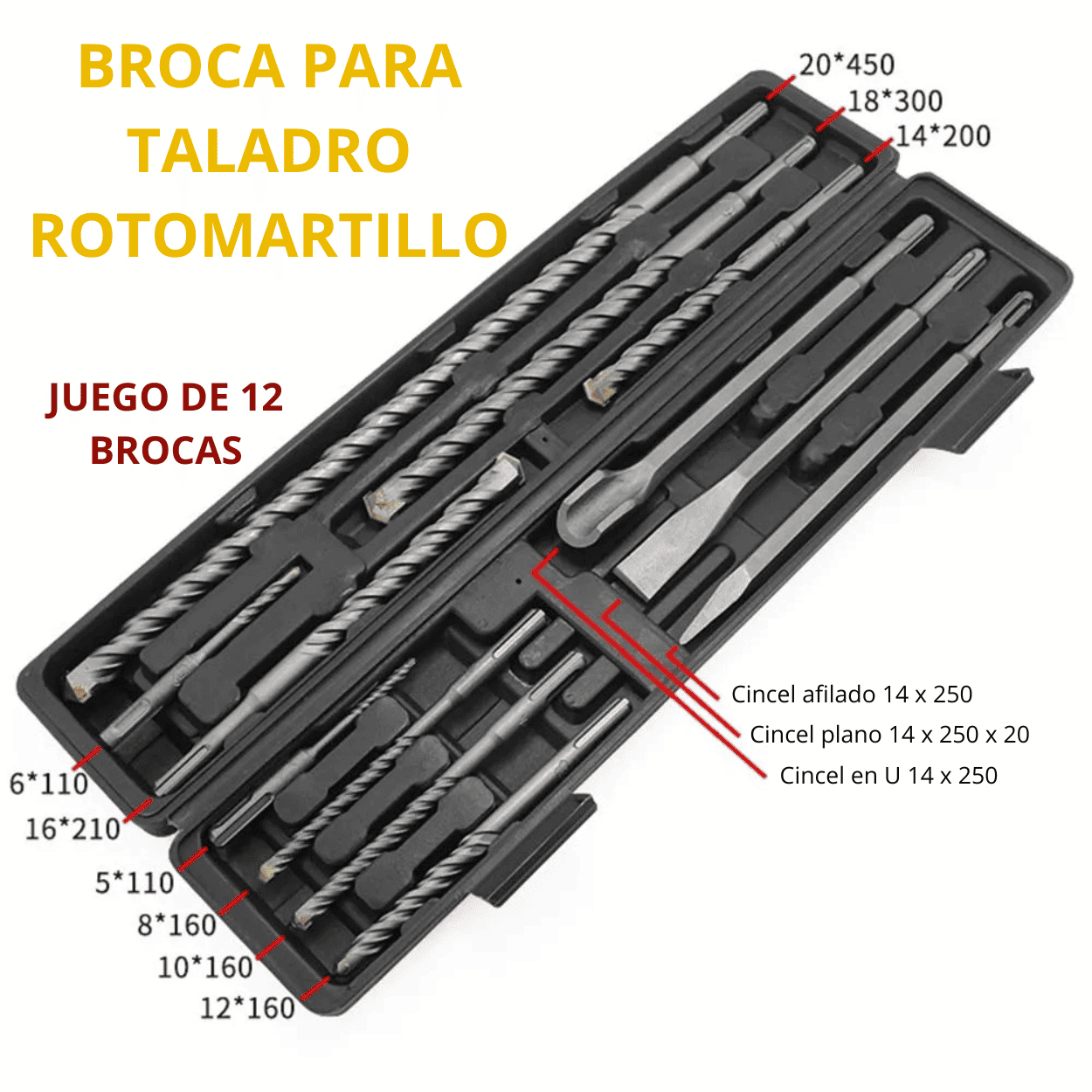 Set de 12 Brocas SDS-Plus y Cinceles – Para Taladro Rotomartillo