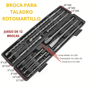 Set de 12 Brocas SDS-Plus y Cinceles – Para Taladro Rotomartillo