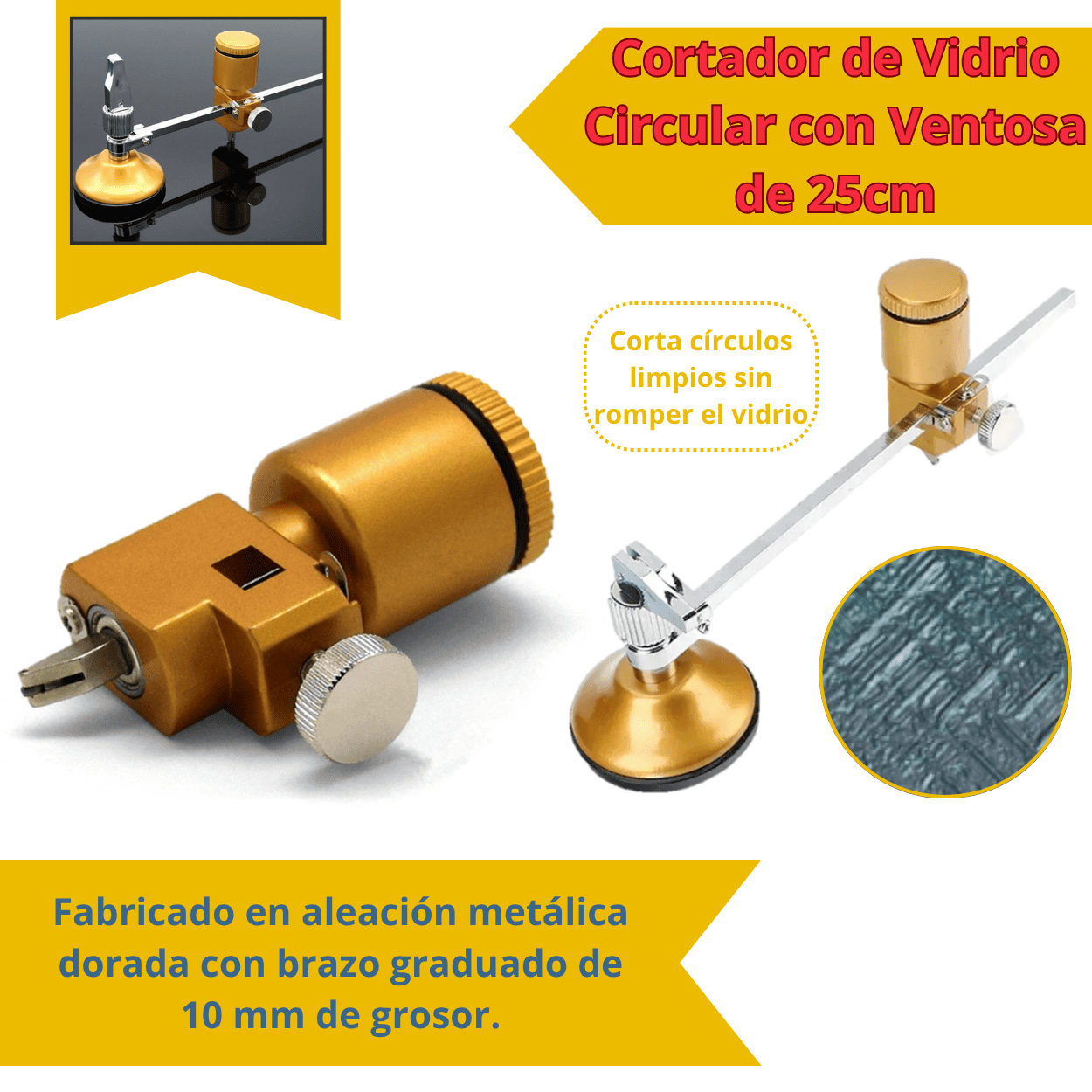 Cortador de Vidrio Circular con Ventosa de 25cm