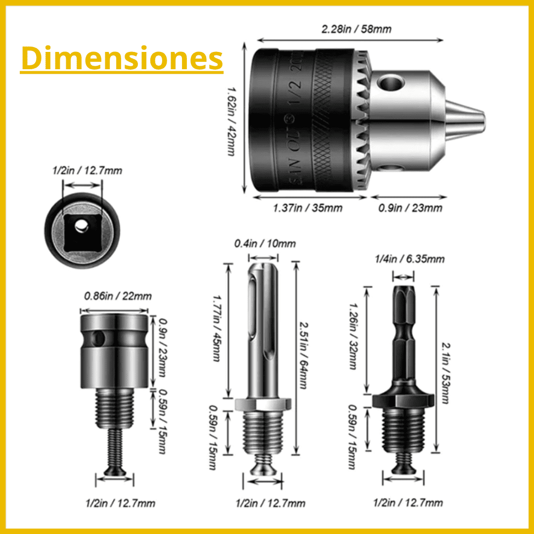 Mandril Chuck con Llave + Set de 3 Adaptadores