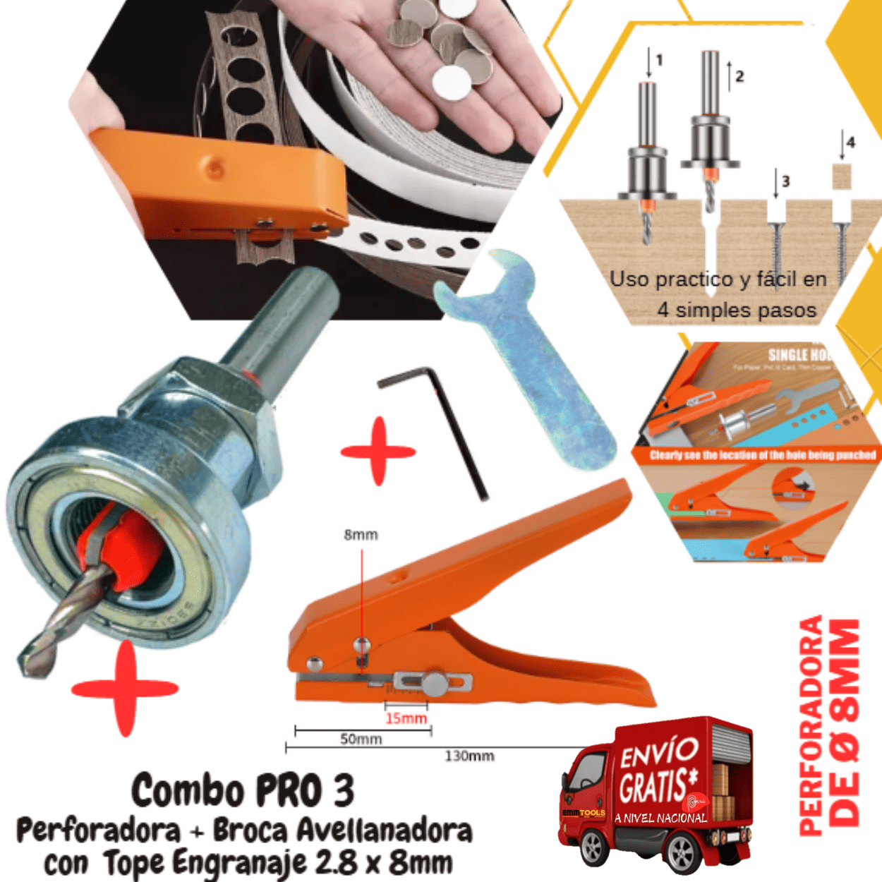 Combos de Perforadora Anaranjado + Broca Avellanadora con Tope Engranaje