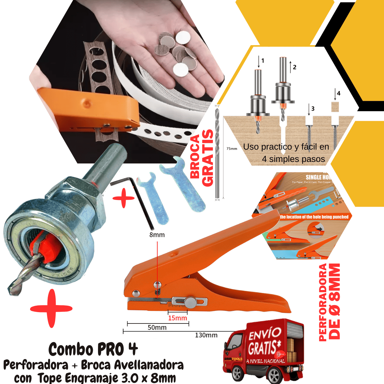 Combos de Perforadora Anaranjado + Broca Avellanadora con Tope Engranaje