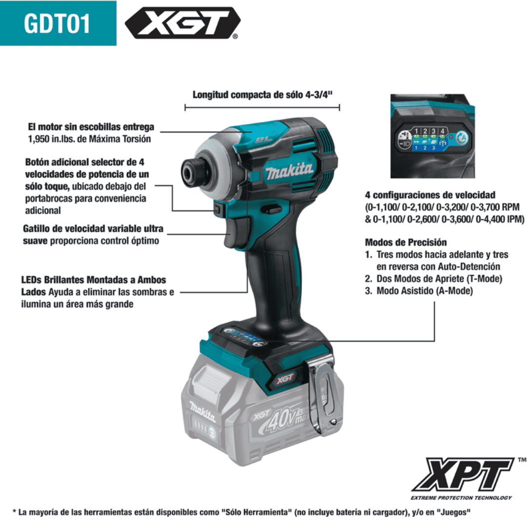 Atornillador de Impacto MAKITA GDT01Z XGT 40V – Control Electrónico de 4 Velocidades y Máximo Torque