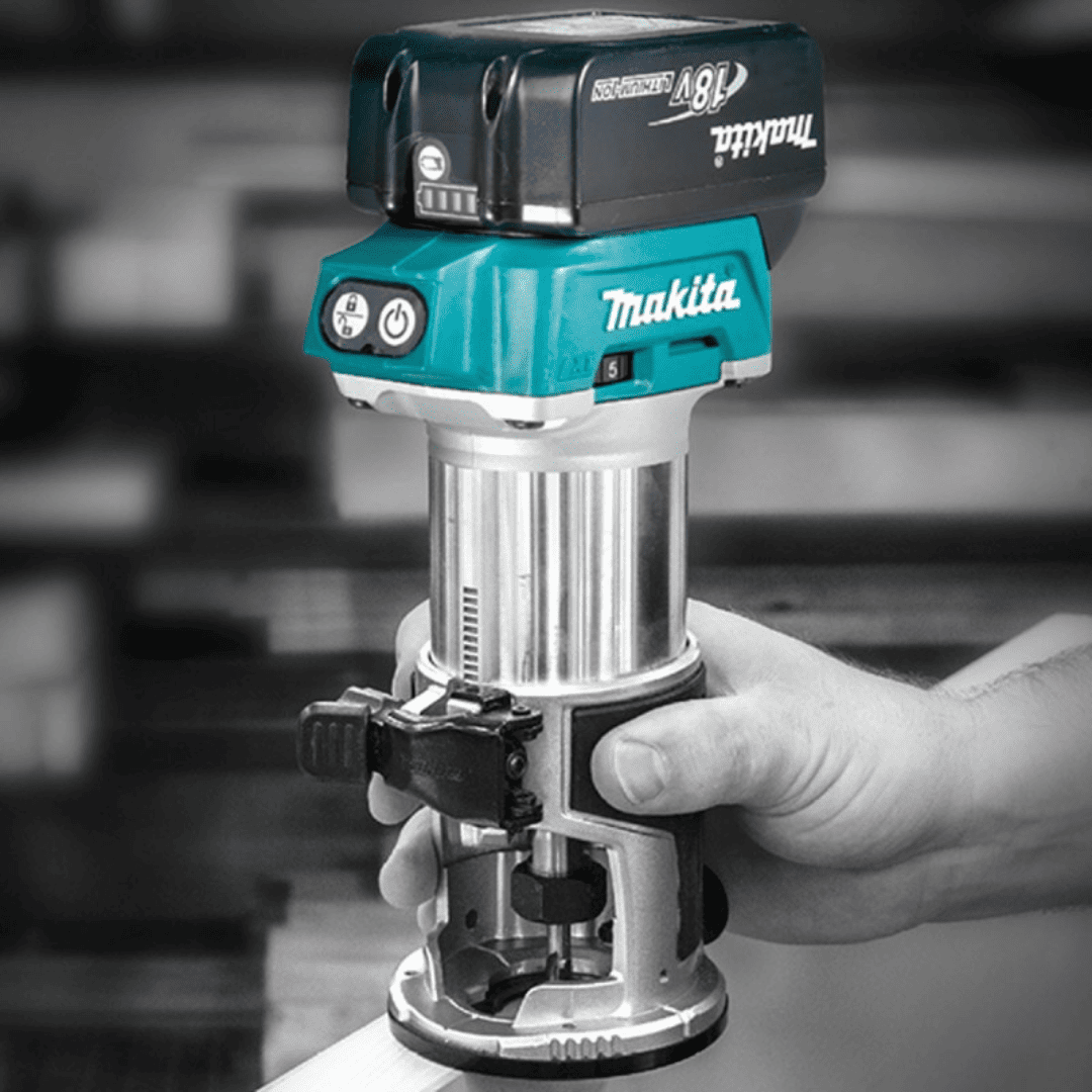Makita DRT50Z Ruteadora Recortadora 18V 1/4” – 3/8” – Potencia Inalámbrica para Fresado Preciso y Profesional