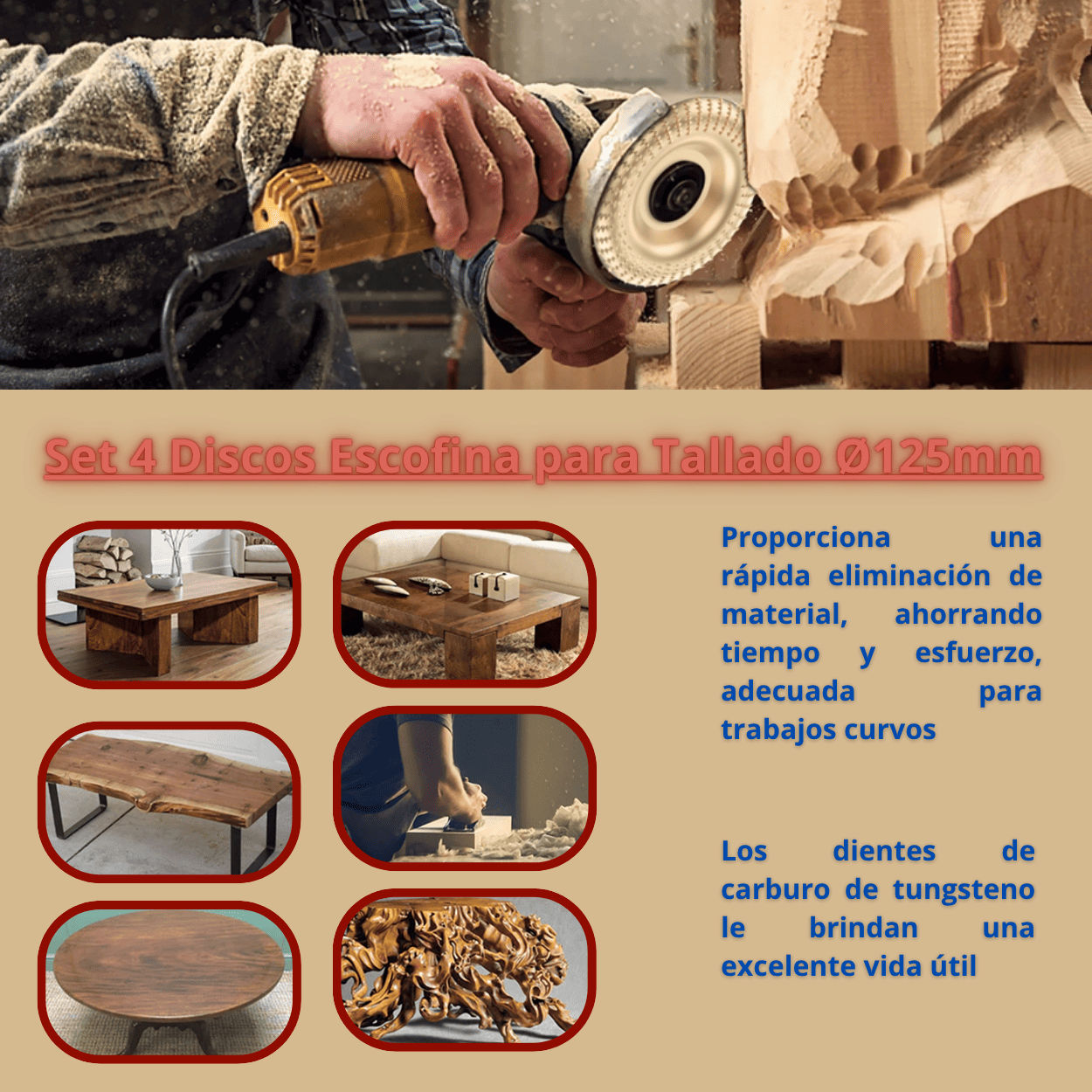 Set 4 Discos Escofina para Tallado Ø125mm