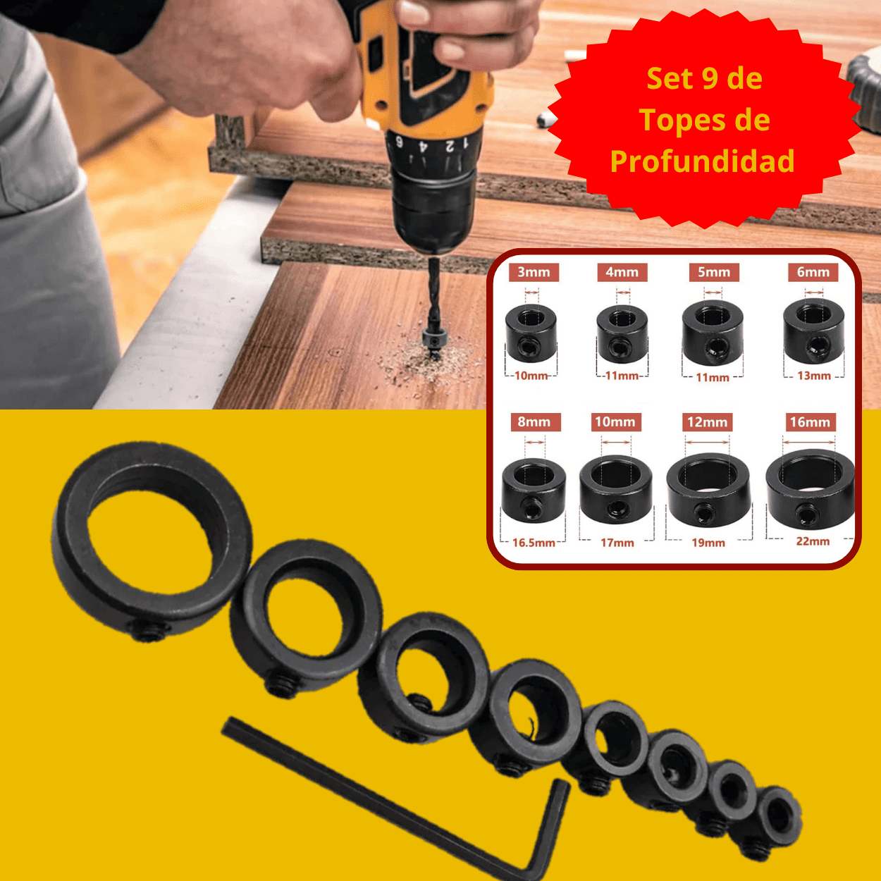 Set de Topes de Profundidad para Brocas 3 a 16 mm – 9 Piezas