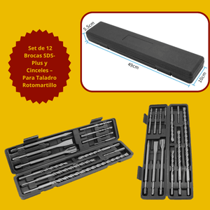 Set de 12 Brocas SDS-Plus y Cinceles – Para Taladro Rotomartillo