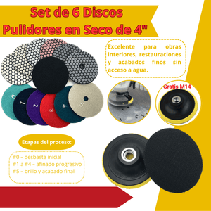 Set de 6 Discos Pulidores en Seco de 4" para Porcelanato, Granito y Mármol