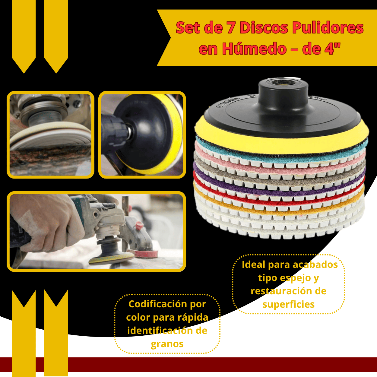 Set de 7 Discos Pulidores en Húmedo – de 4" para Granito y Mármol