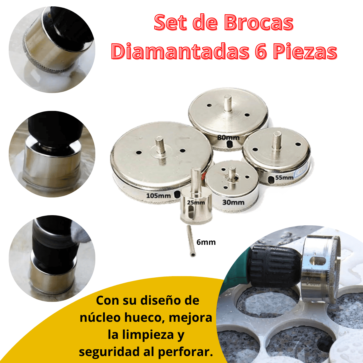 Set de Brocas Diamantadas 6 Piezas – Vidrio, Cerámica, Porcelana y Más