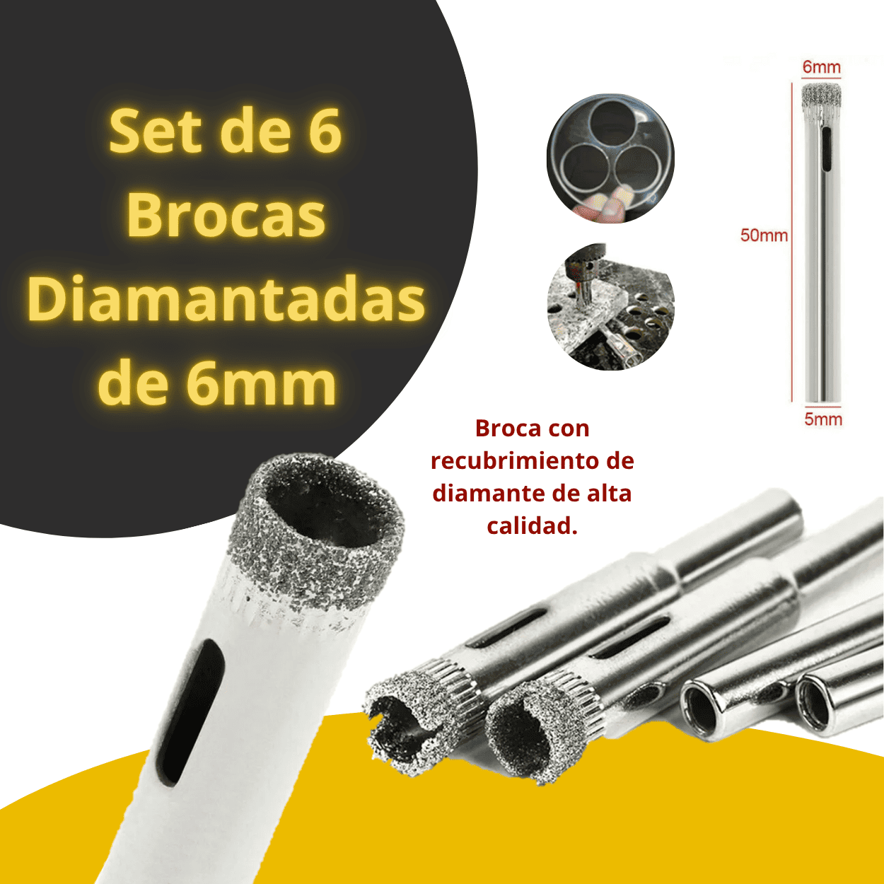 Set de 6 Brocas Diamantadas de 6 mm para Vidrio, Cerámica y Más