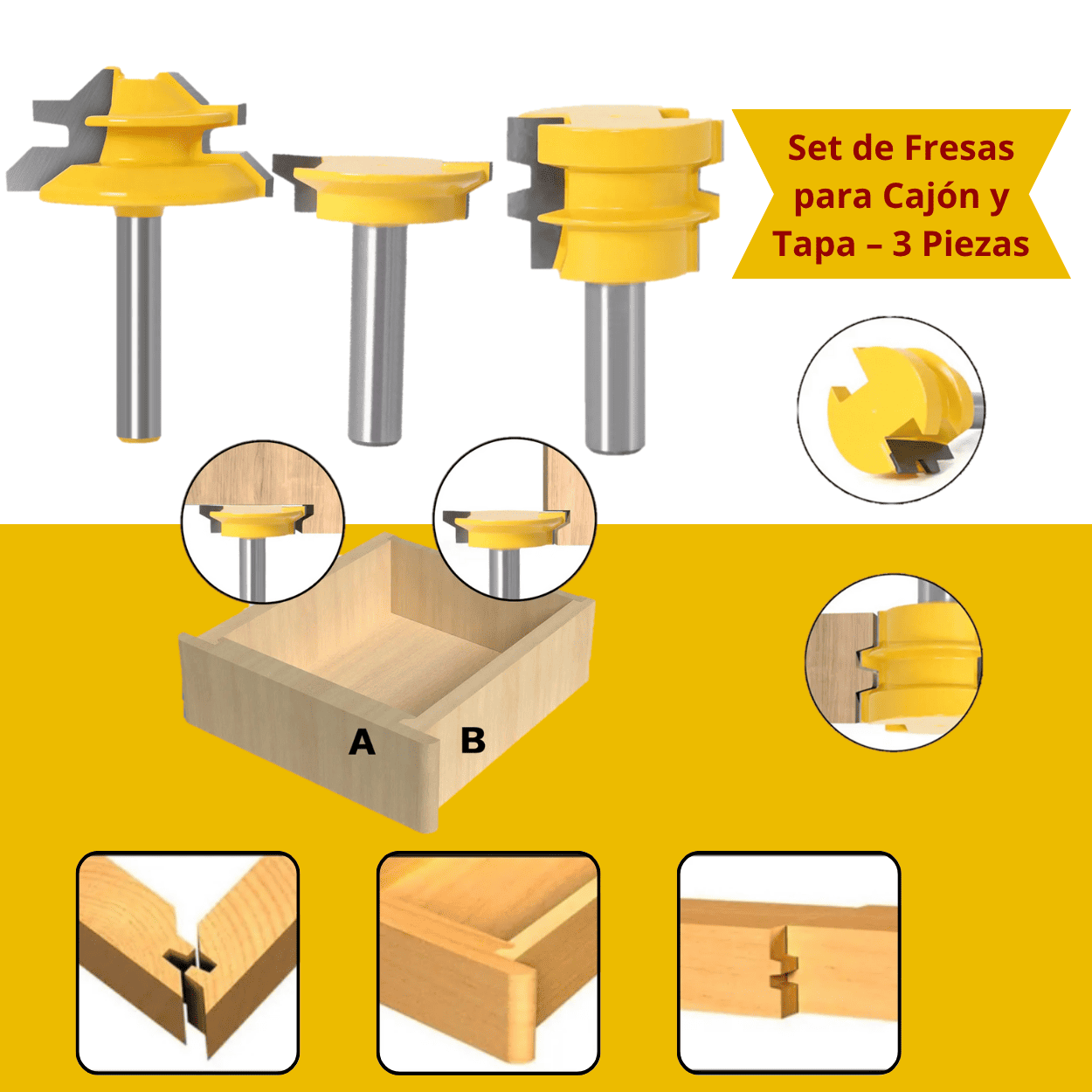 Set de Fresas para Cajón y Tapa – 3 Piezas | Vástago 1/2”