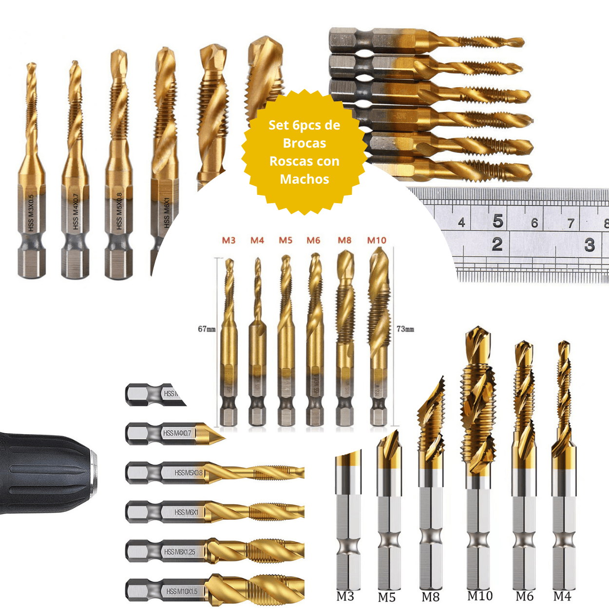 Set 6pcs Brocas Machos HSS con Recubrimiento de Titanio