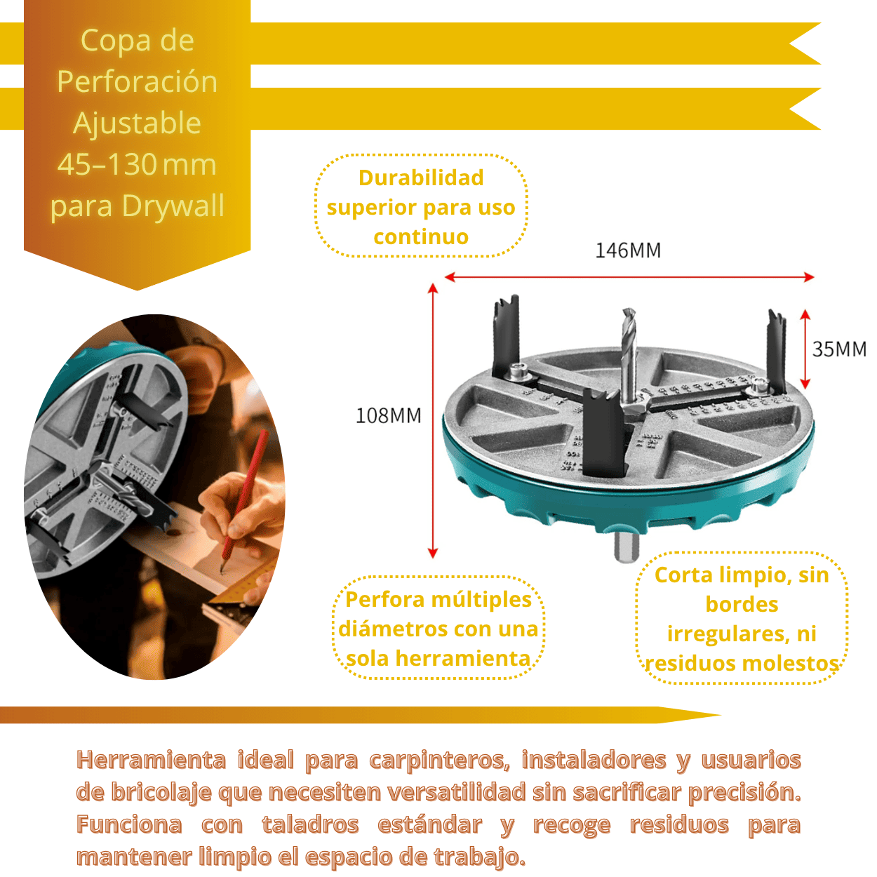 Copa de Perforación Ajustable 45–130 mm para Drywall