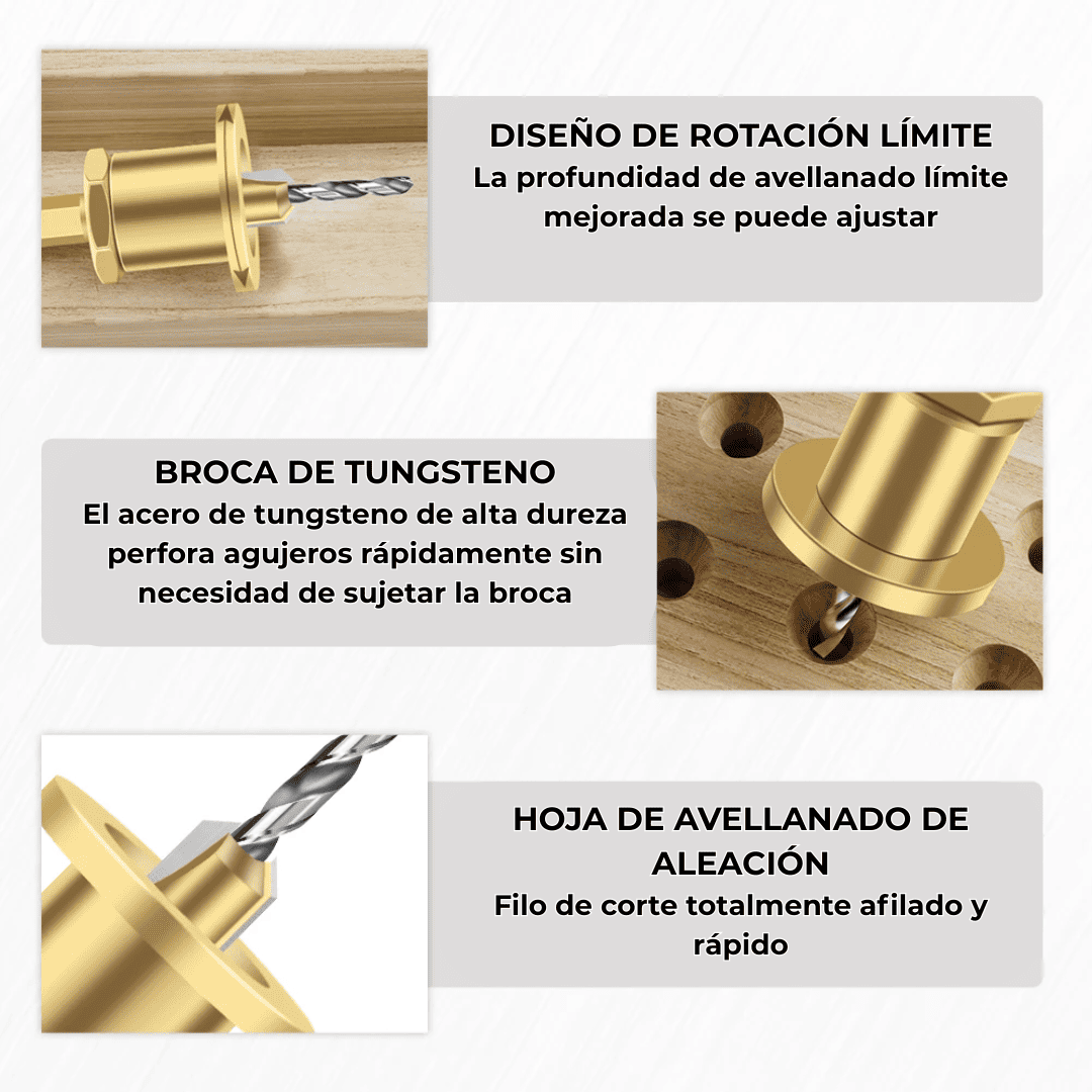 Broca Avellanadora con Tope Oro – Perforación Limpia y Precisa para Madera y Melamina