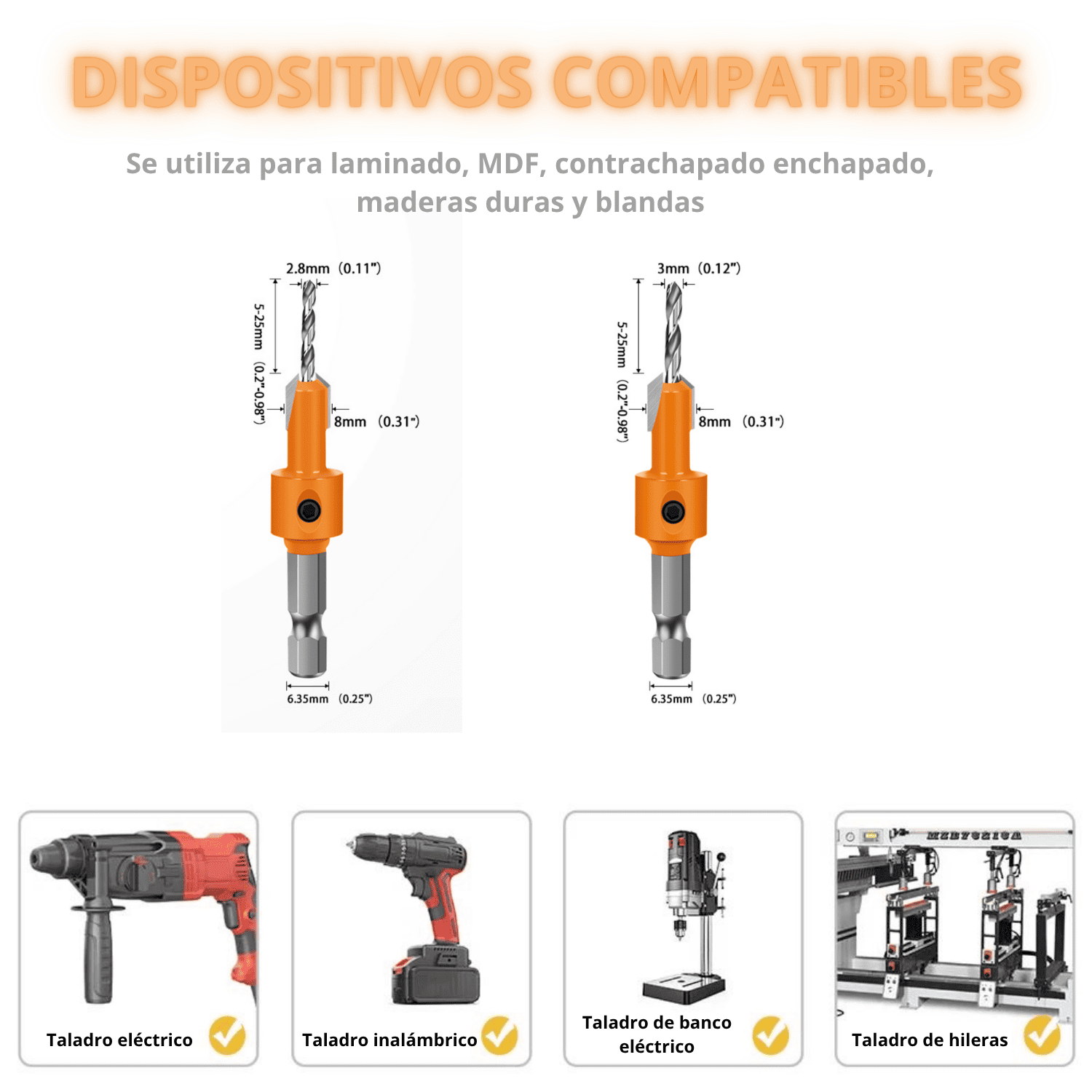 Broca Avellanadora 2.8x8 mm & 3x8 mm – Con Llave y Vástago Hexagonal