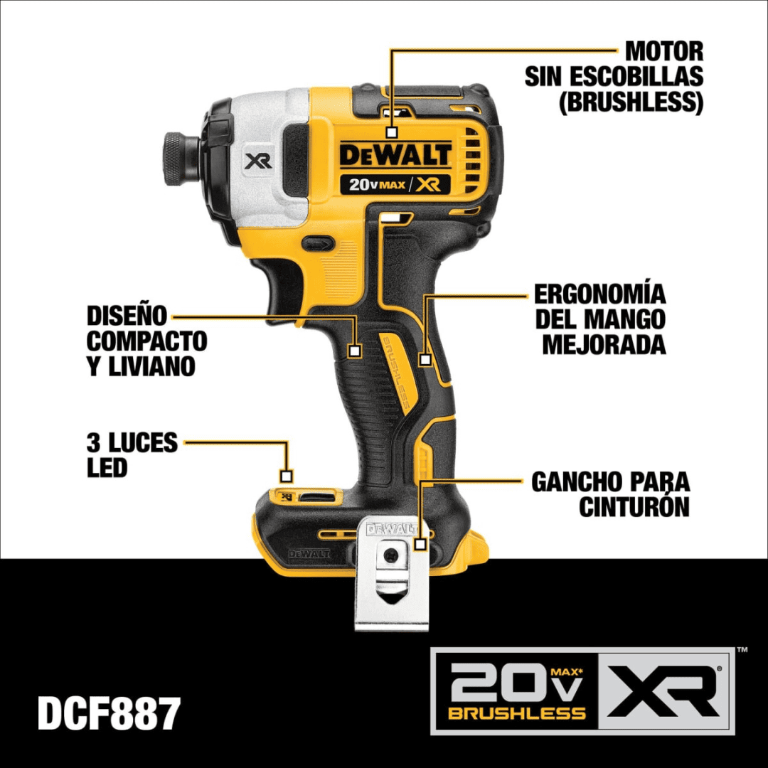 Atornillador de Impacto DEWALT DCF887 20V XR – Potencia Compacta de 3 Velocidades