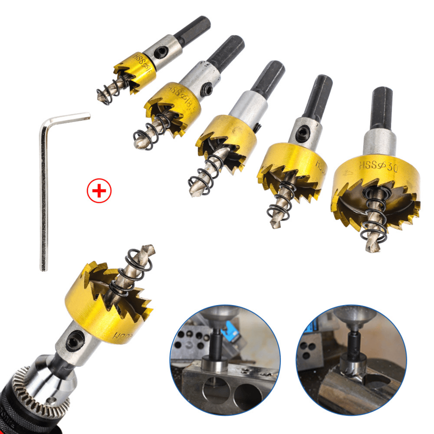Set 5 Sierras Copas con Sistema Saca-bocados para Metal – Ø16 a 30mm