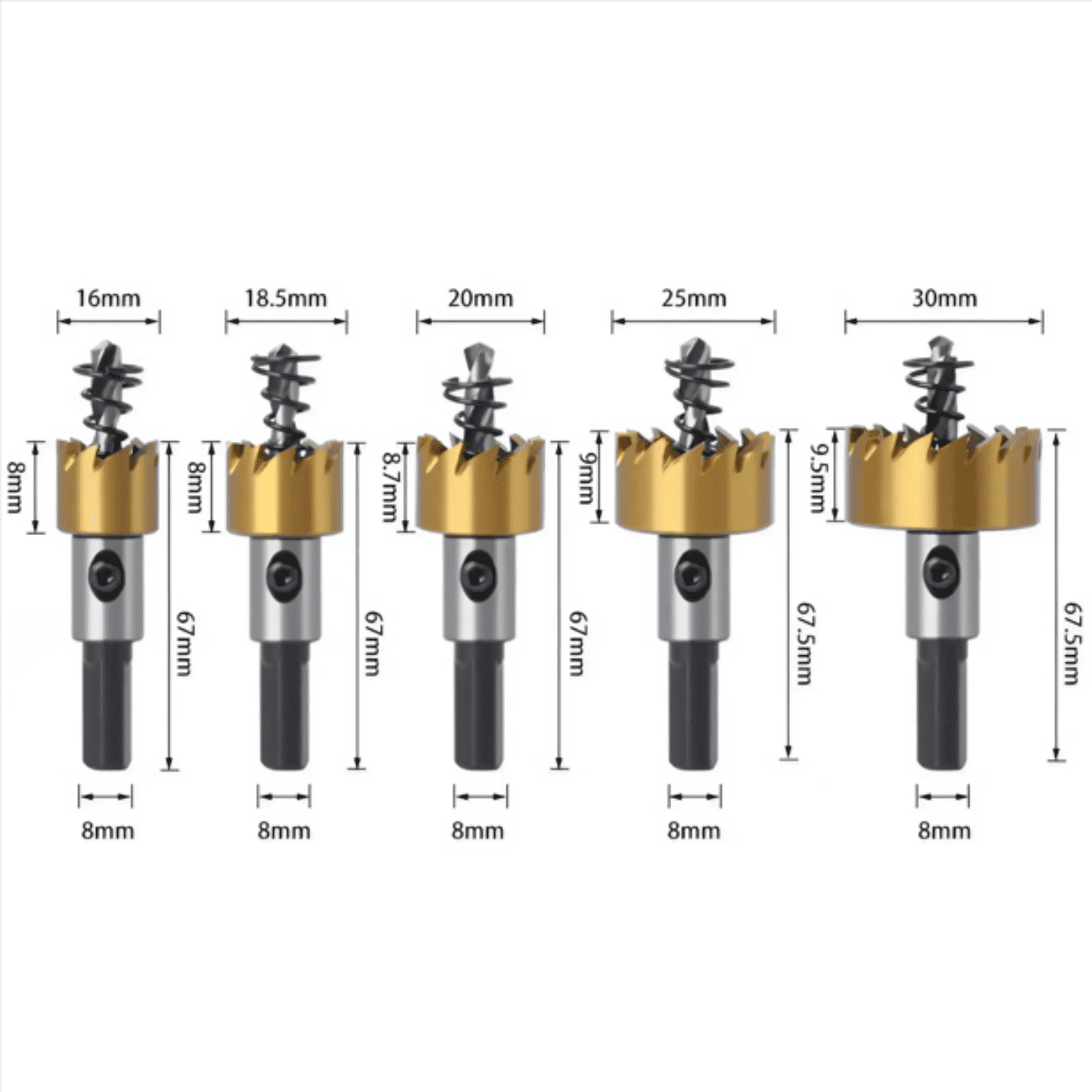 Set 5 Sierras Copas con Sistema Saca-bocados para Metal – Ø16 a 30mm