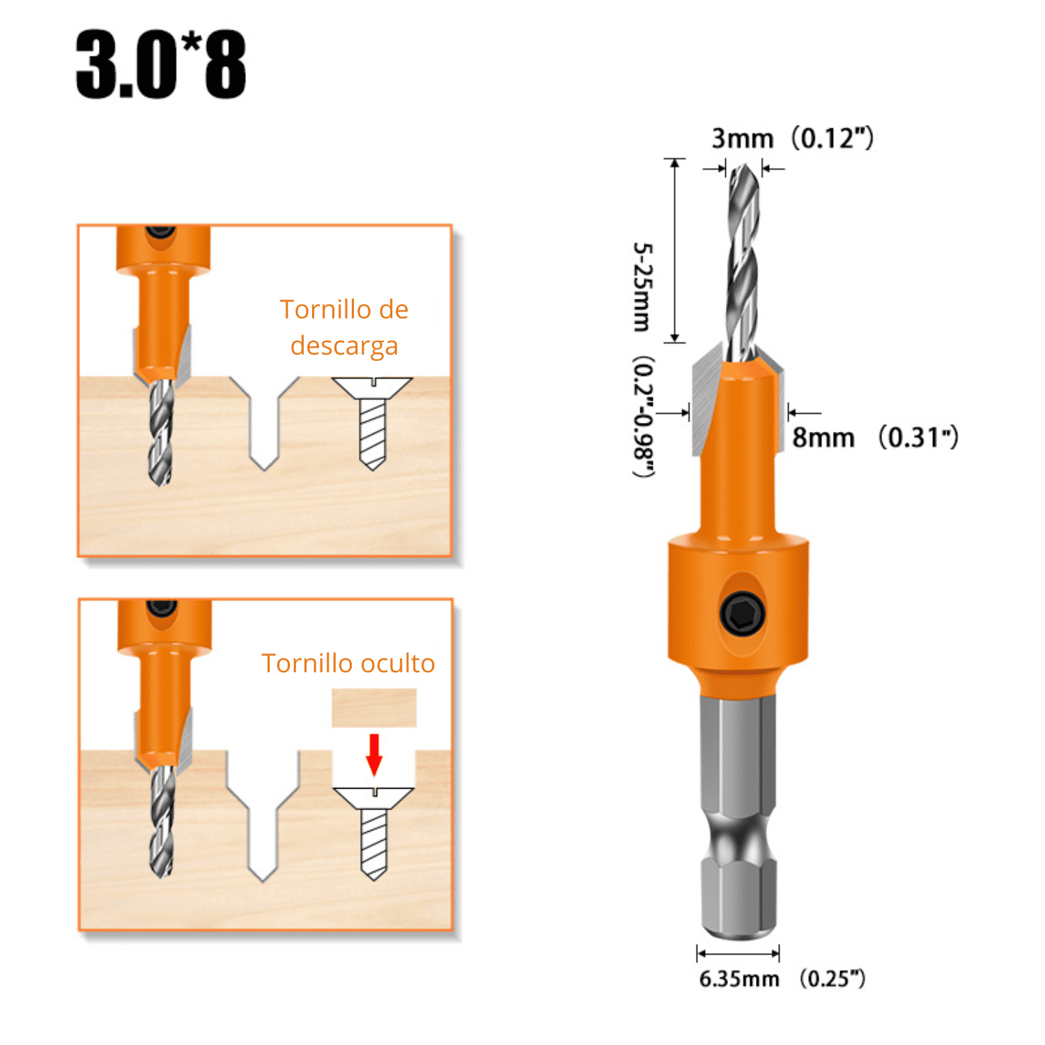 Broca Avellanadora 2.8x8 mm & 3x8 mm – Con Llave y Vástago Hexagonal