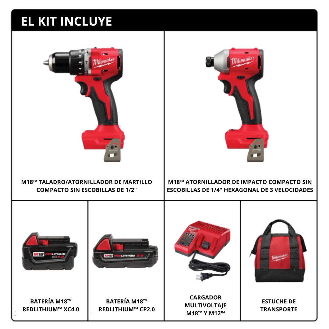 Combo Brushless Compacto Milwaukee M18™ 3693-22CX – Taladro Percutor + Atornillador de Impacto 3 Velocidades