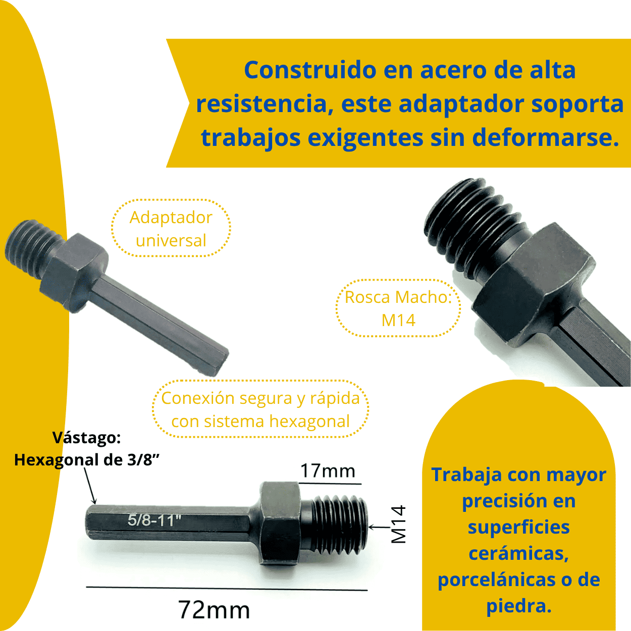 Adaptador Rosca Macho M14 a Vástago Hexagonal de 3/8”