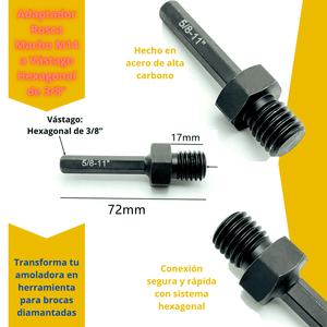 Adaptador Rosca Macho M14 a Vástago Hexagonal de 3/8”