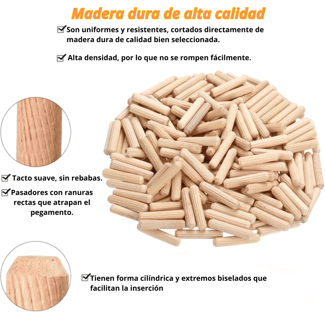 Tarugos de Madera Ranurados – Set de Uniones Precisas para Carpintería y Muebles