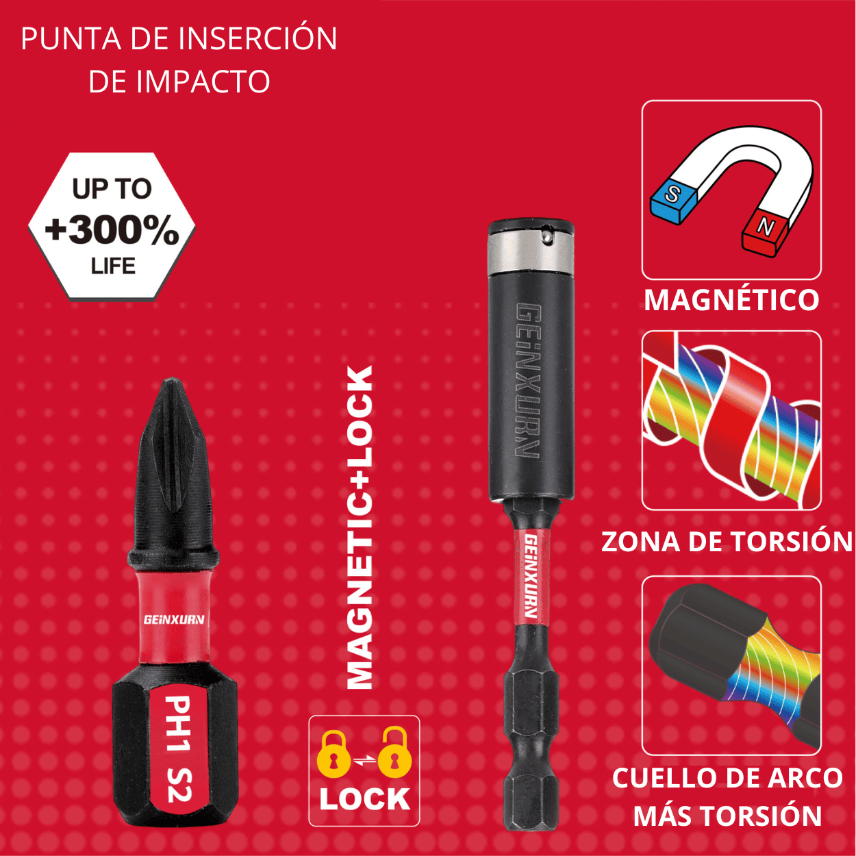 Punta de Impacto PZ2 x 25 mm & Guía Magnética LOCK de 75 mm – Geinxurn