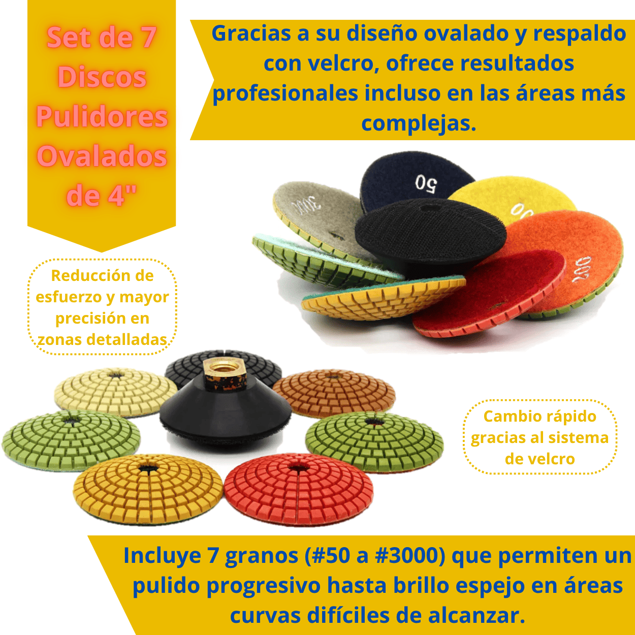 Set de 7 Discos Pulidores Ovalados de 4" – Para Porcelanato, Granito y Mármol